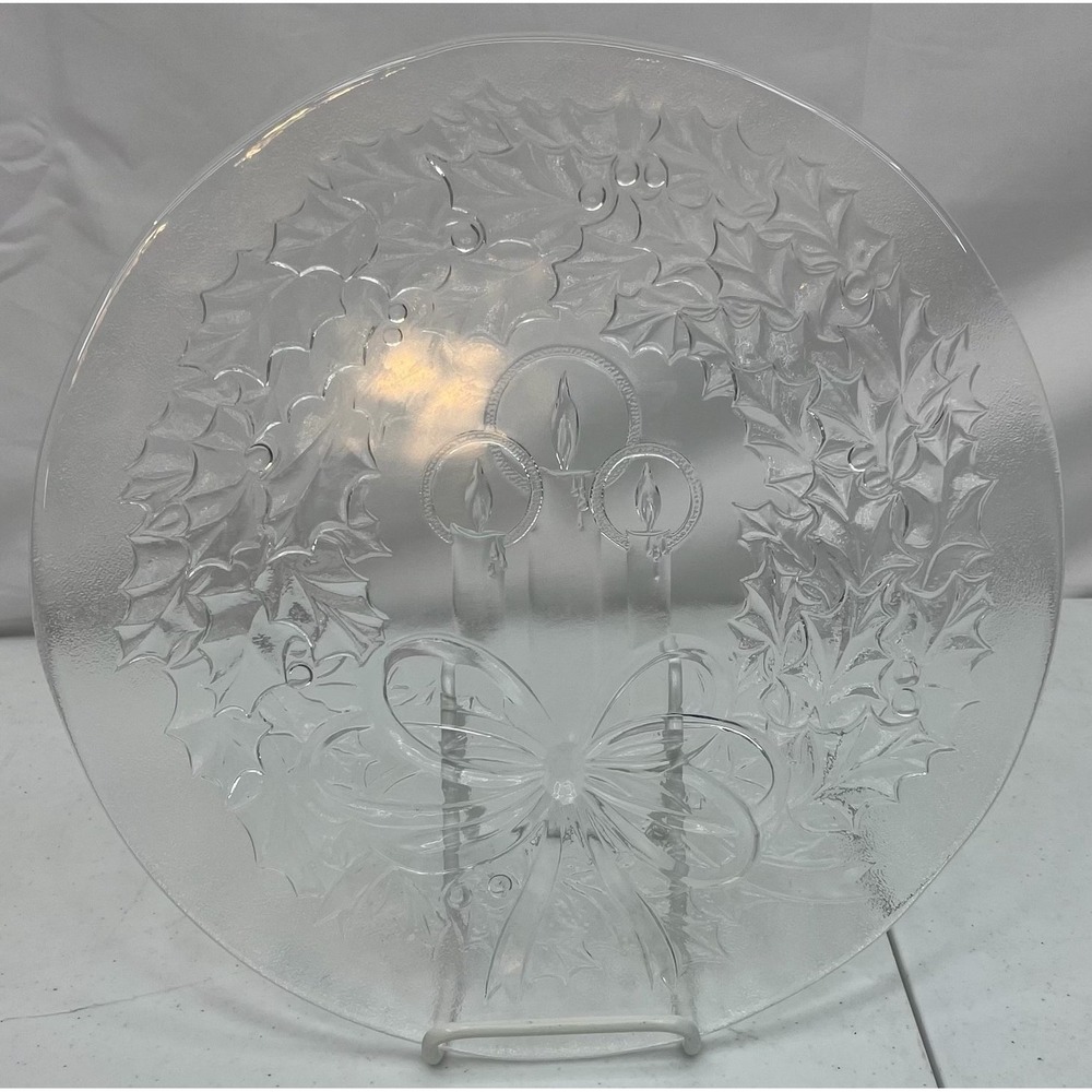 Vintage LE‎ Smith Christmas Glass Platter 13" Holly Wreath Candle Serving Plate